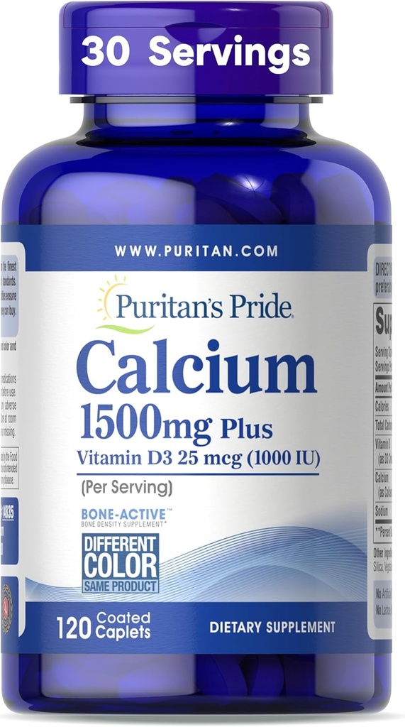 Puritan's Pride Absorbable Calcium 1500 mg Plus Vitamin D3 25mcg 1000 IU, Dietary Supplement for Bone Strength, Heart, Nerve, Muscle, and Immune Support, 120 Coated Caplets