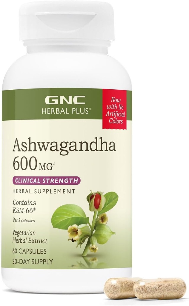 GNC Herbal Plus Ashwagandha 600mg Supplement, Clinical Strength, Vegetarian, Stress Relief Support, 30 Servings