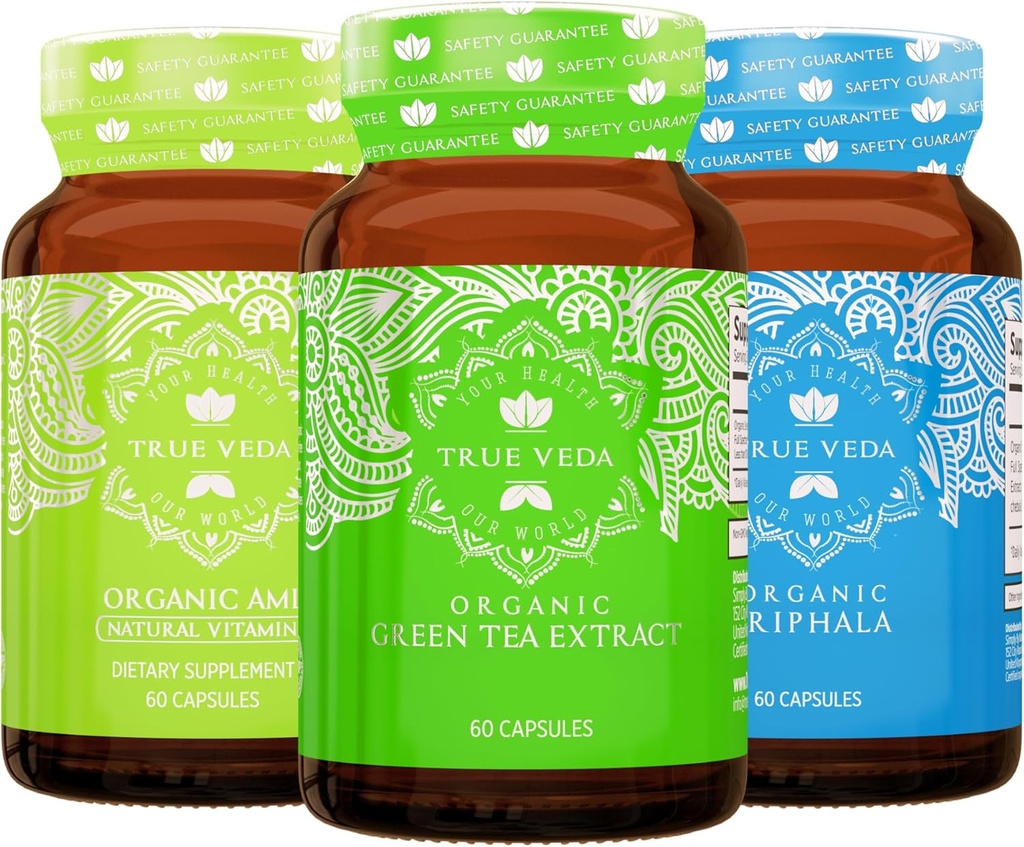True Veda Digestion and Detox Bundle USDA Organic | Multi-Award-Winning | Green Tea | Amla with Vitamin C | Triphala Capsules