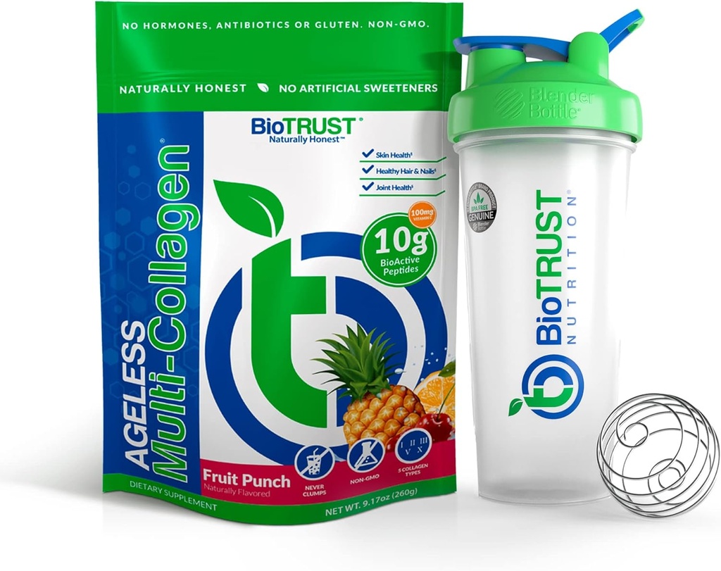 BioTrust Ageless Multi Collagen 5-in-1 Protein Powder (Fruit Punch) BlenderBottle Bundle