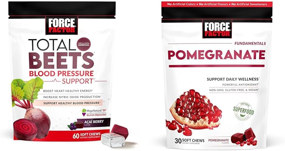 Force Factor Total Beets Blood Pressure Support Supplements with Beet Powder & Pomegranate Soft Chews for Healthy Aging, Heart Health, Bone Health, & Brain Health