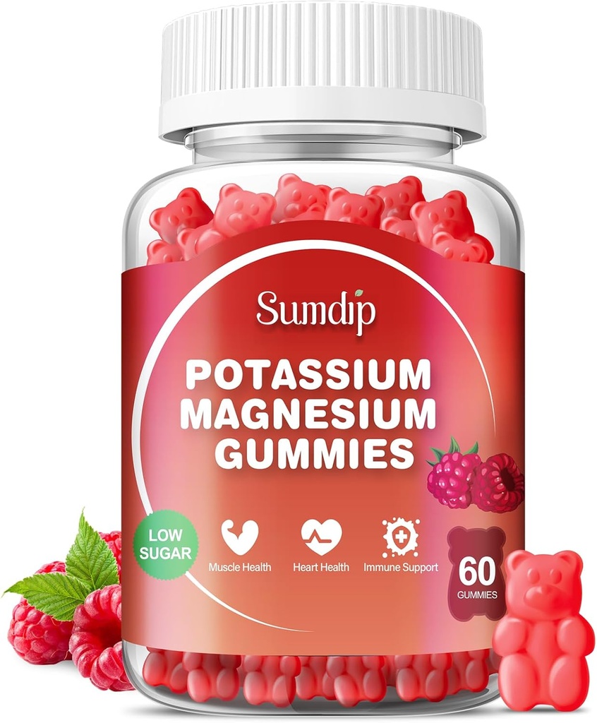 Potassium Magnesium Gummies Potassium Supplements High Absorption Potassium Citrate Magnesium Citrate, Support Leg Cramps Muscle Relaxation for Men and Women 60 Gummies, Raspberry