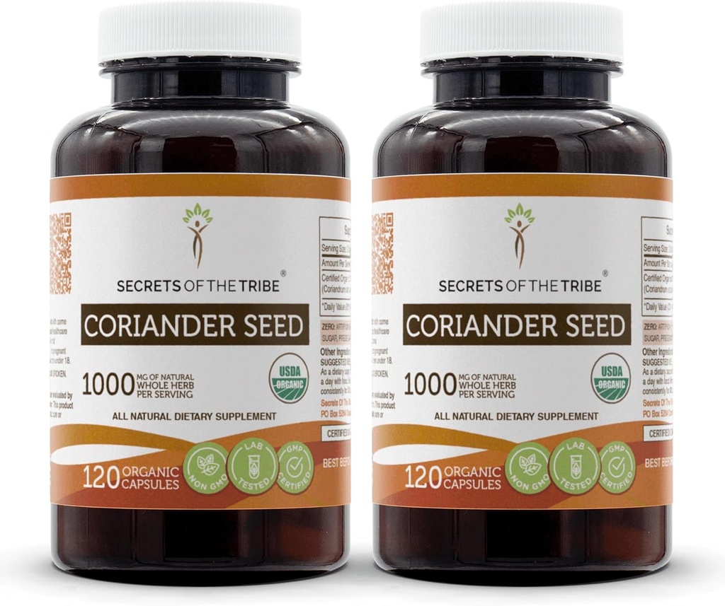 Secrets of the Tribe Coriander Seed 120 Capsules (2 pcs.), 1000 mg, USDA Organic Coriander Seed Dried Seed (2x120 Capsules)