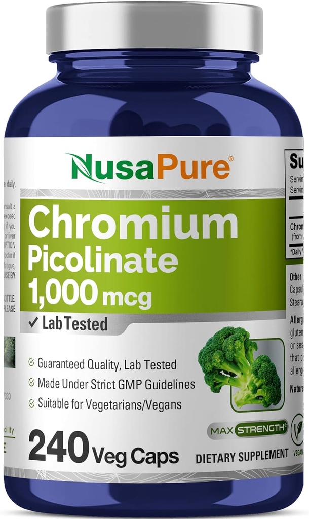 NusaPure Chromium Picolinate 1000mcg 240 Veggie Capsules (Non-GMO, Vegan)