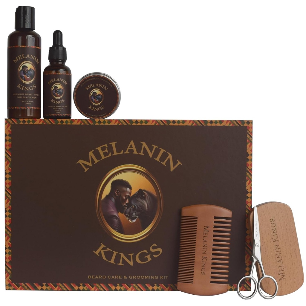 Melanin Kings Beard Grooming Kit for Men - Formulas With Ancient African Natural Ingredients | Beard Wash, Oil, Balm, Brush, Comb, Trimming Scissors
