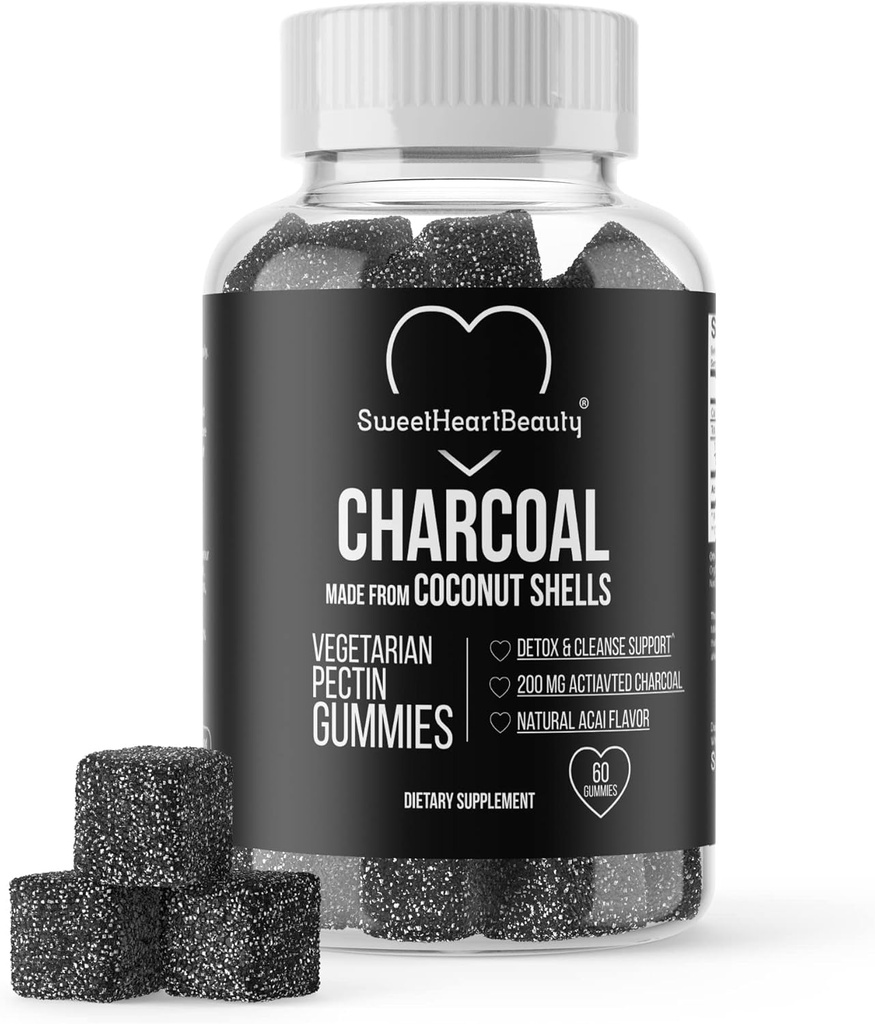 Activated Charcoal Gummies - Natural Coconut Shell Charcoal Gummy Supplements for Detox Support, Stomach Bloat & Oral Health - Gluten Free, Vegan & Pectin Based - Acai Flavor, 60 Count