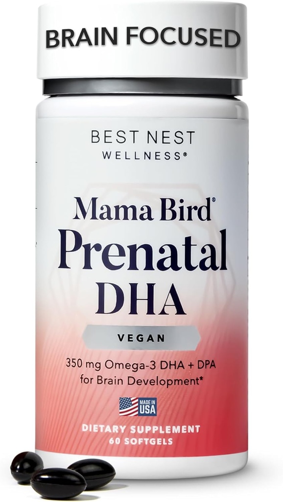 Best Nest Wellness Mama Bird Vegan Prenatal DHA - Brain & Eye Support Supplement for Baby - Vegan Prenatal Supplement with Algae DHA - Nutritional Supplement for Mom - 60 Softgels