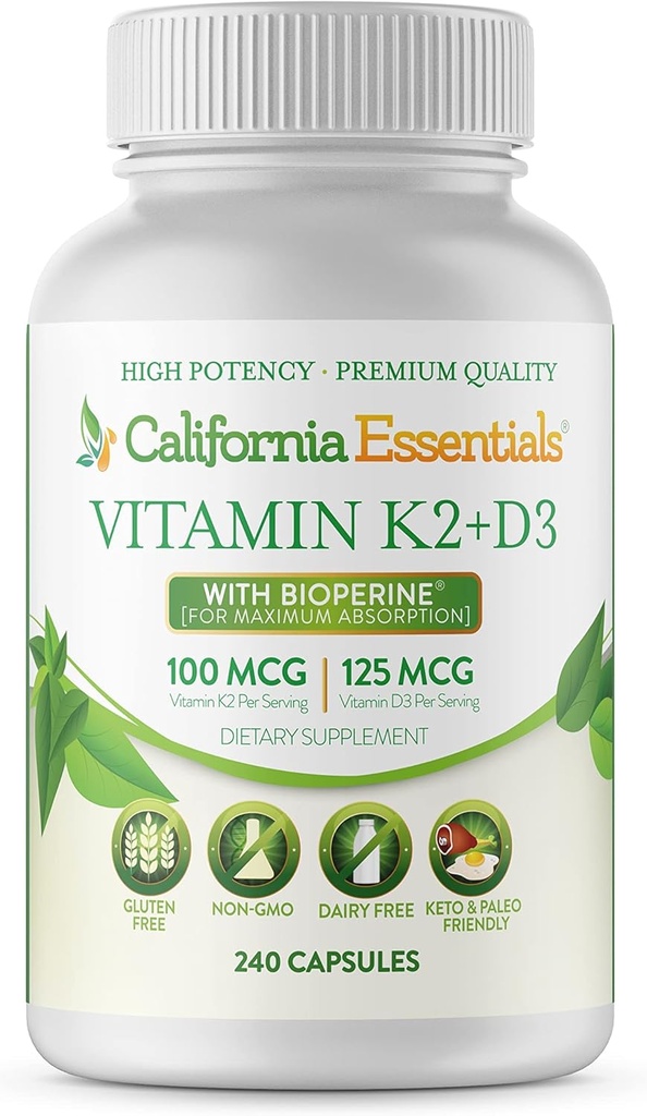 California Essentials Vitamin K2 + VIT D3 5000 IU with BioPerine for Maximum Absorption - Heart, Bone, Immune Support Supplement - Non-GMO, Dairy/Soy/Gluten-Free - 240 Veggie Capsules