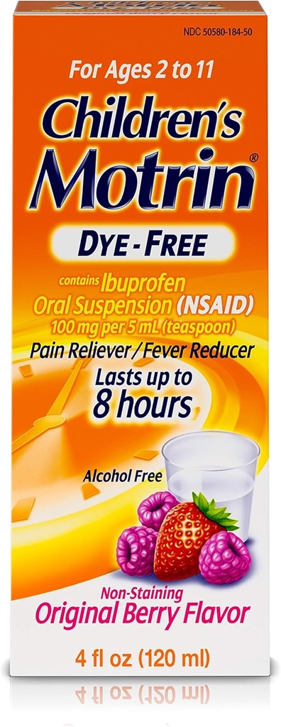 Motrin Children's Oral Suspension Dye-Free, Ibuprofen, Fever Reducer, Berry, 4 Fl.Oz