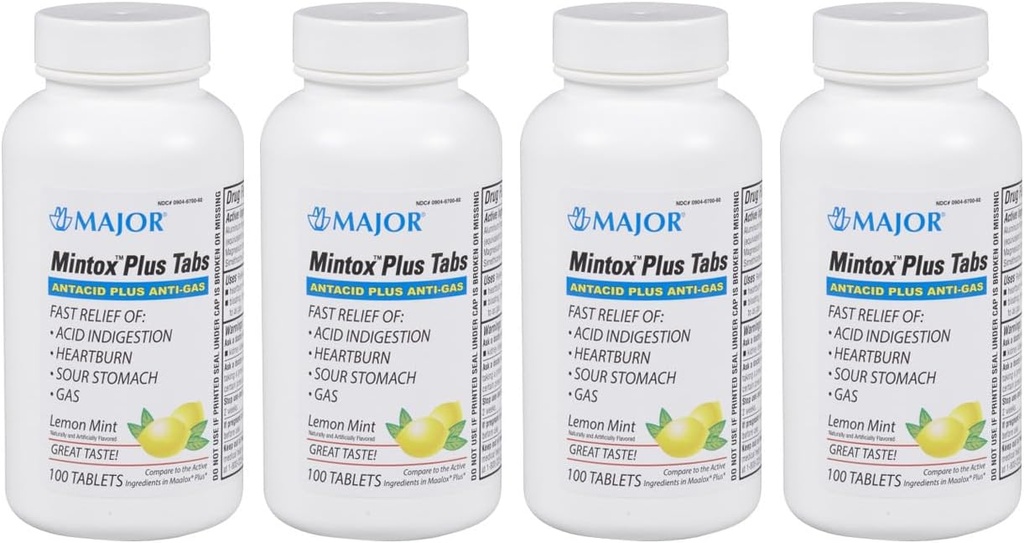 MAJOR Mintox Plus Tabs - Antacid Plus Anti-Gas Tablets - Helps Quickly Relieve Acid Indigestion, Heartburn, Sour Stomach, and Gas - Lemon Mint Flavored - 100 Count (4 Pack)