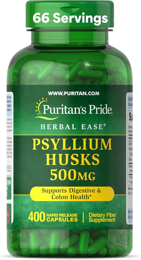 Puritan's Pride Herbal Ease® Psyllium Husks 500mg, Dietary Supplement for Digestive, Colon, and Heart Health Support, Daily Fiber Capsules, 2 Month Supply, 400 Rapid Release Capsules