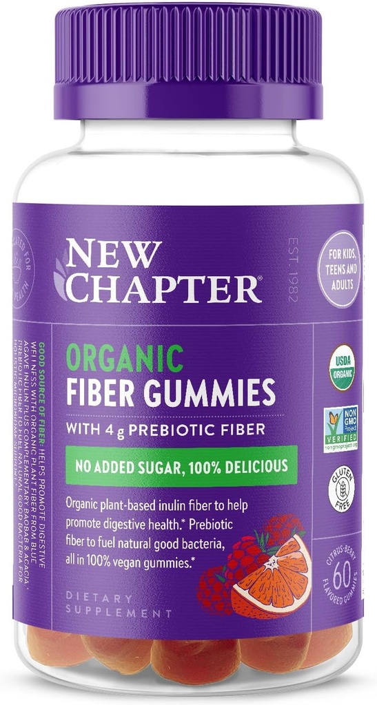 New Chapter Organic Fiber Gummies for Adults & Kids (Age 4+), Plant-Based Prebiotic Fiber for Digestive Health, Vegan, Non-GMO, USDA Organic, Gluten Free, Citrus-Berry Flavored, 60 ct