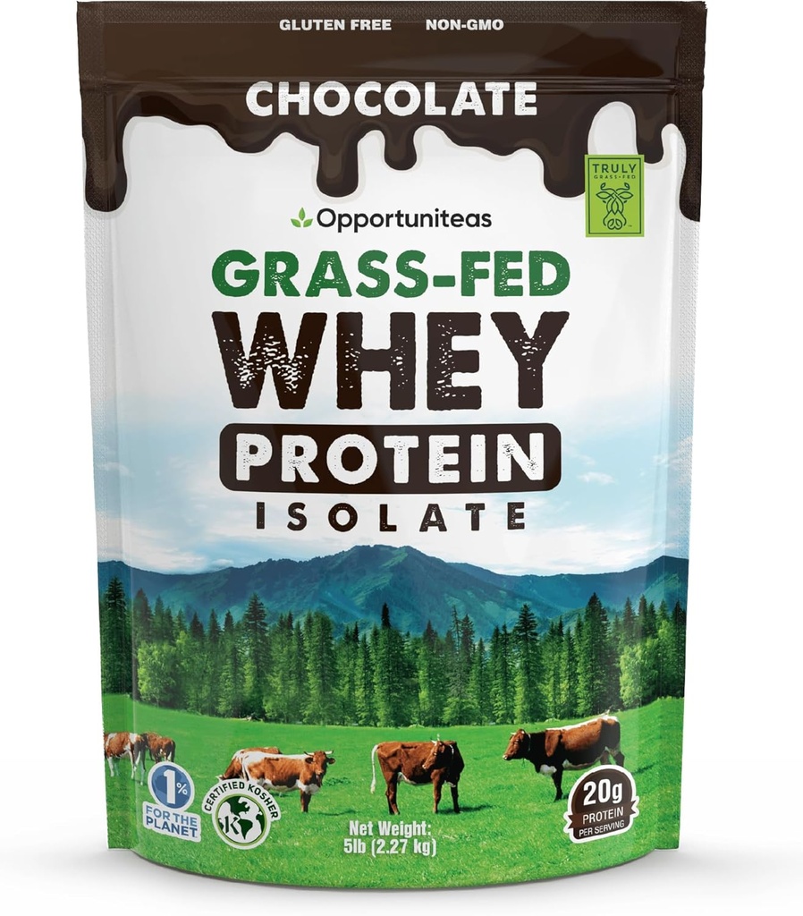 Opportuniteas Grass Fed Chocolate Whey Protein Isolate Powder - 20g Protein Powder Without Artificial Sweeteners, Hormone-Free Cows, Non GMO - 5lb