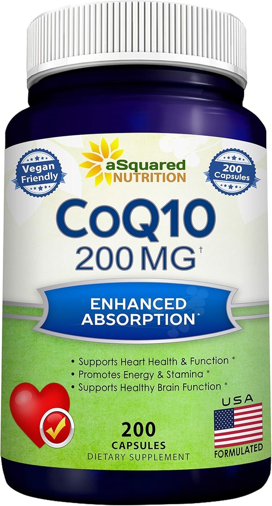 aSquared Nutrition CoQ10 (200 Capsules and 200mg) - High Absorption Vegan CO Q-10 Powder - Enzyme Ubiquinone Supplement Pills, Extra Antioxidant Coenzyme Q10 Vitamin, Coq 10 Alernative to Softgels