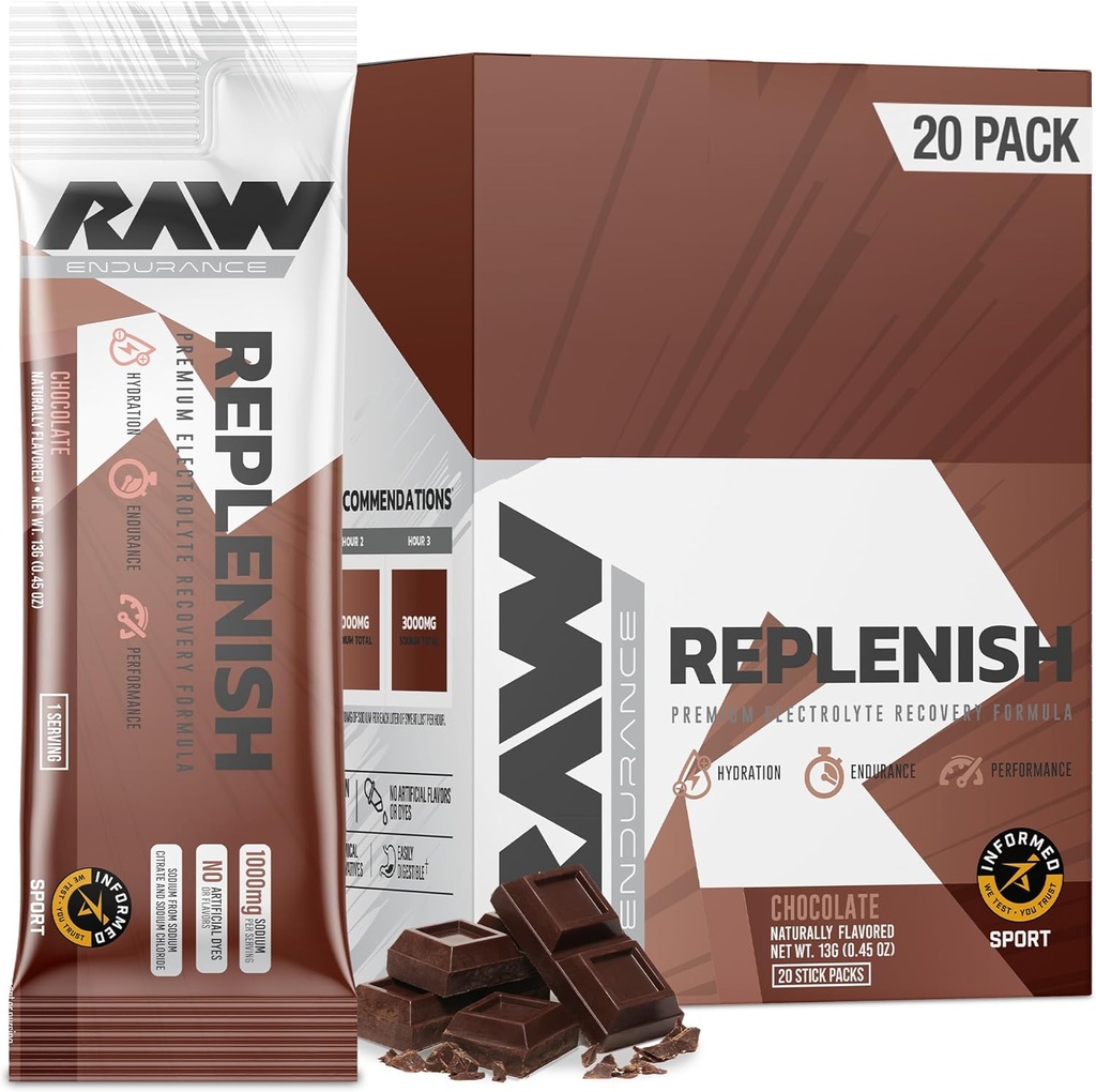 RAW Replenish Packets, Premium Electrolytes Powder Recovery Formula, Chocolate (20 Stick Packs) - Flavored Electrolyte Drink Mix for Hydration, Replenishment, Endurance & Performance Workouts