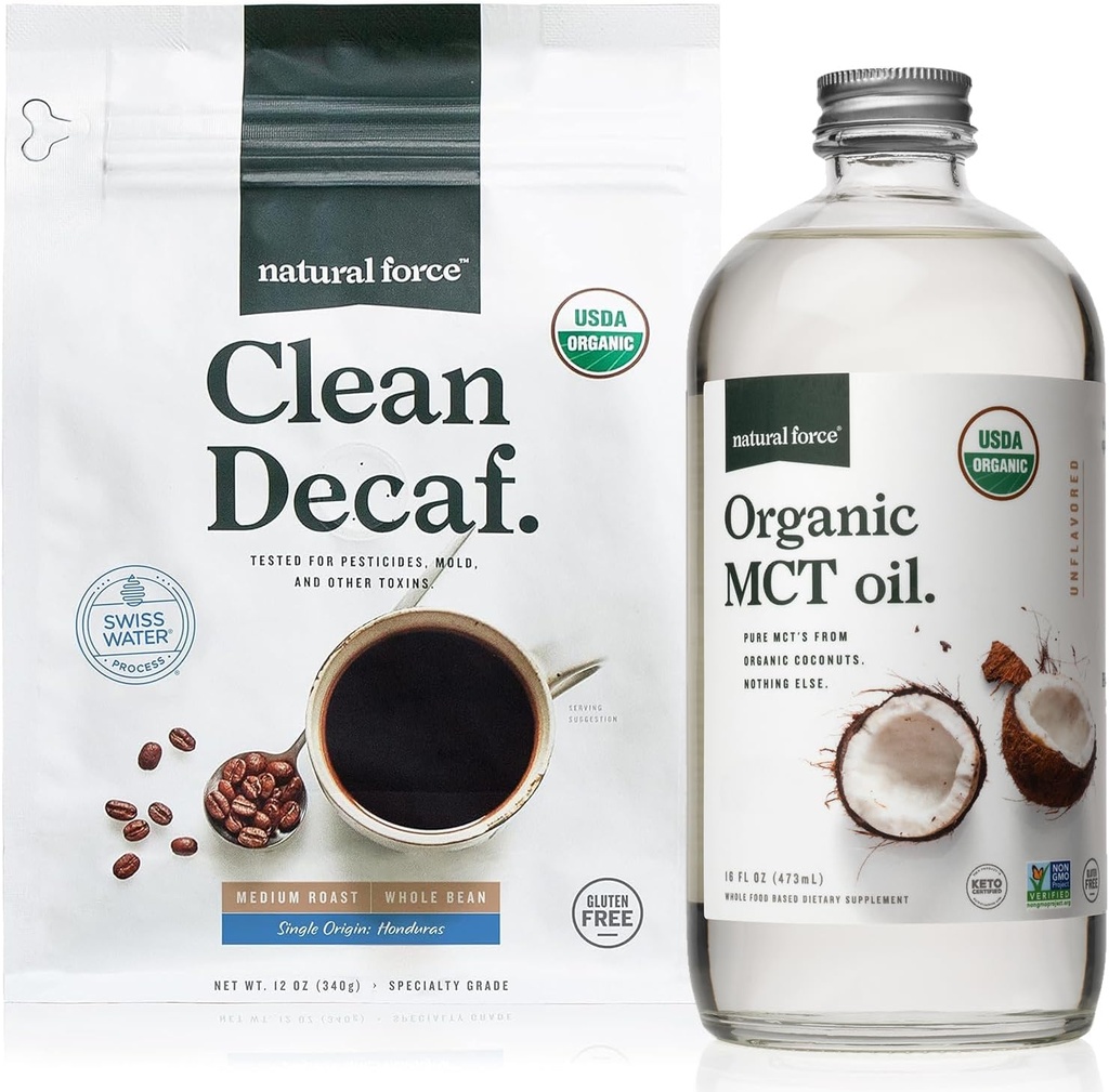 Natural Force Organic Clean Decaf Coffee + Organic MCT Oil Bundle – 100% Pure Coconut MCTs & Mold & Mycotoxin Free Coffee – Non-GMO, Keto, Paleo, and Vegan - 12 Oz and 16 Oz