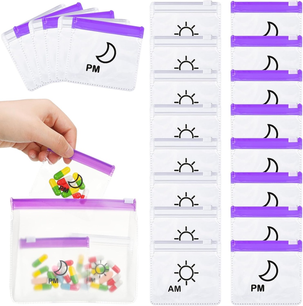 56 Pcs AM PM Pill Pouches Bags Travel Pill Bags Zippered Medicine Organizer Day and Night Pill Bag Reusable Plastic Pill Baggies with Slide Lock Monthly Pill Organizer 2 Times a Day (Clear, Purple)