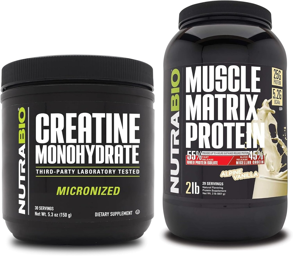 NutraBio Creatine Monohydrate, Unflavored, (150 g) and Muscle Matrix Protein Powder, (Vanilla) Supplement Bundle – Muscle Energy, Maximum Growth, Recovery, and Strength