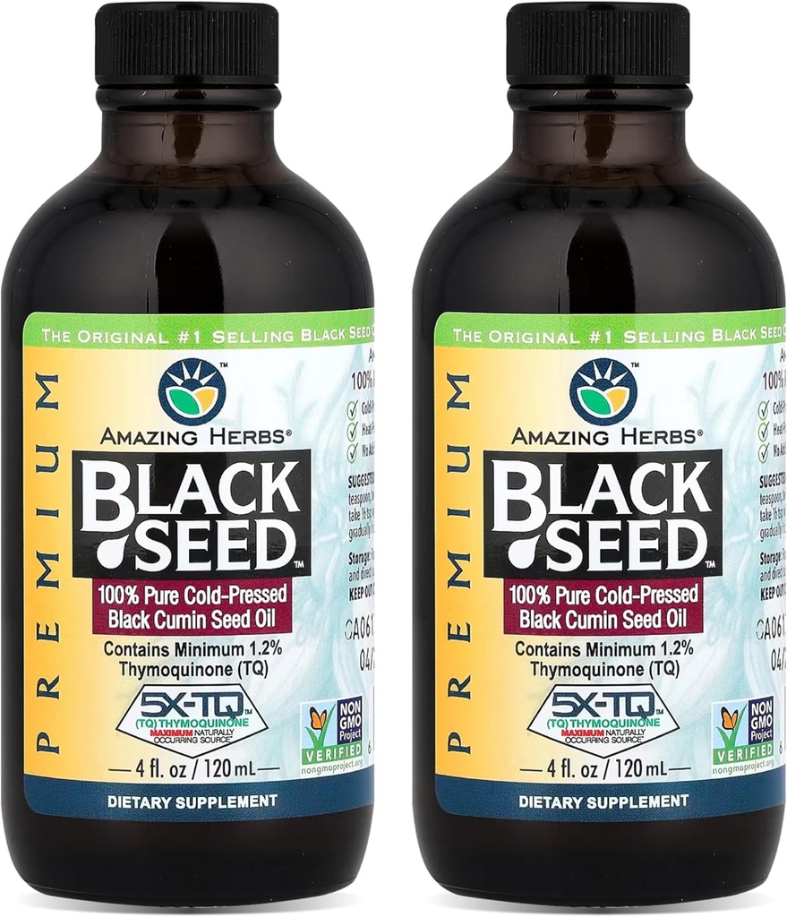 Amazing Herbs Premium Black Seed Oil - Gluten Free, Non GMO, Cold Pressed Nigella Sativa Aids in Digestive Health, Immune Support, Brain Function, Joint Mobility - 4 Fl Oz (Pack of 2)