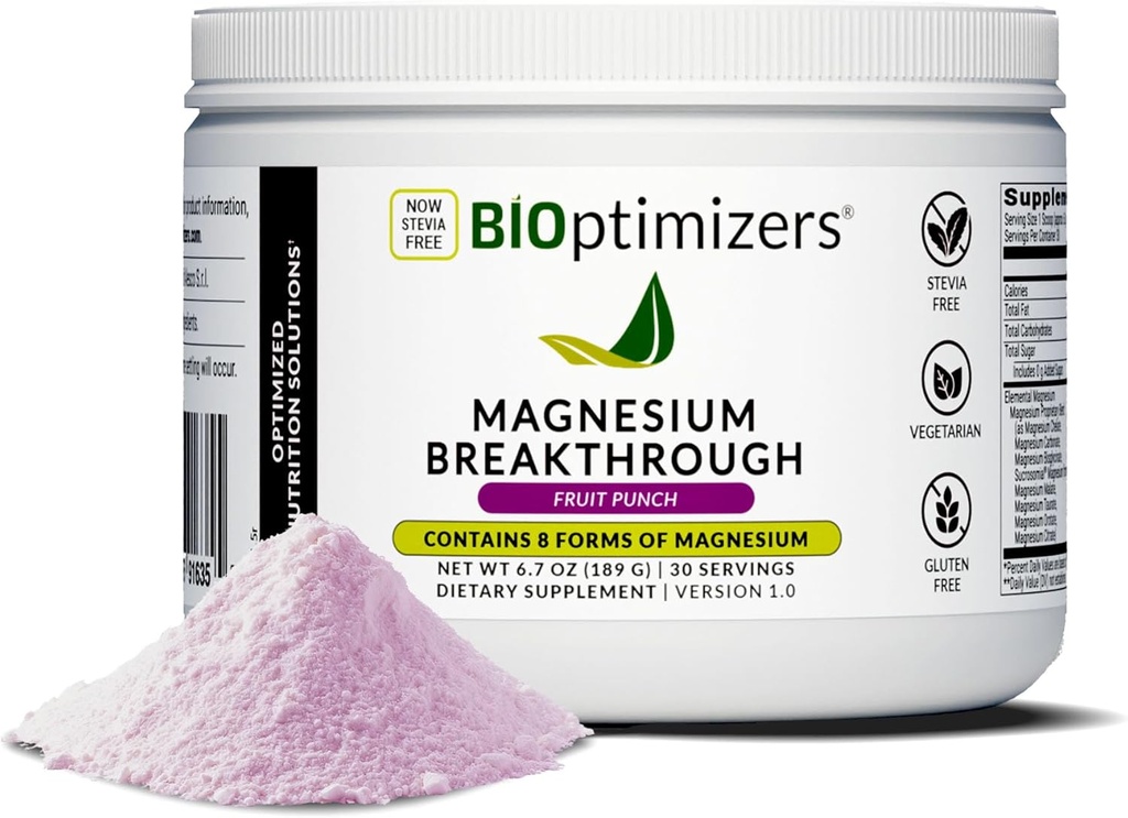 BIOptimizers Magnesium Breakthrough Drink - 8 Forms of Magnesium, Electrolytes, Sleep Health, Stress, Muscle Recovery, Heart Support | Glycinate, Citrate, Malate - Fruit Punch