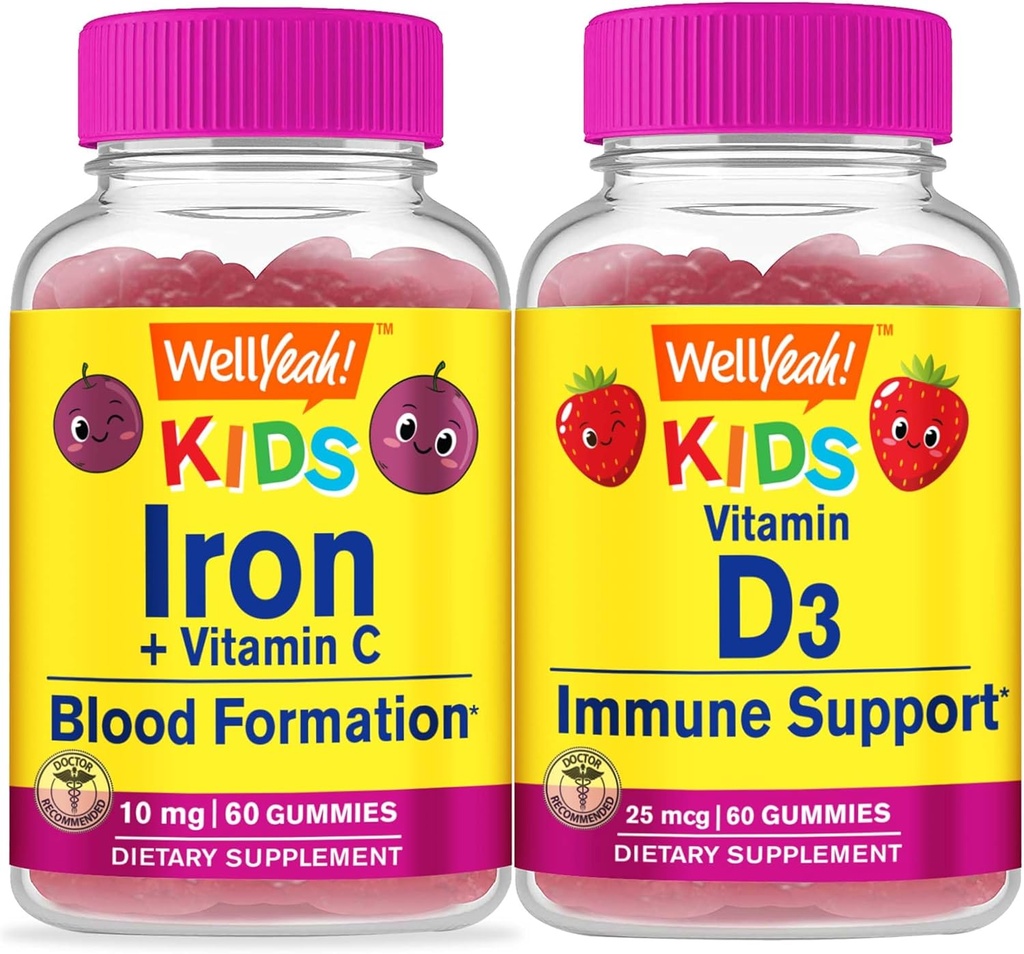 WellYeah Iron + Vitamin C Kids + Vitamin D3 Kids, Gummies Bundle - Great Tasting, Vitamin Supplement, Gluten Free, GMO Free, Chewable Gummy