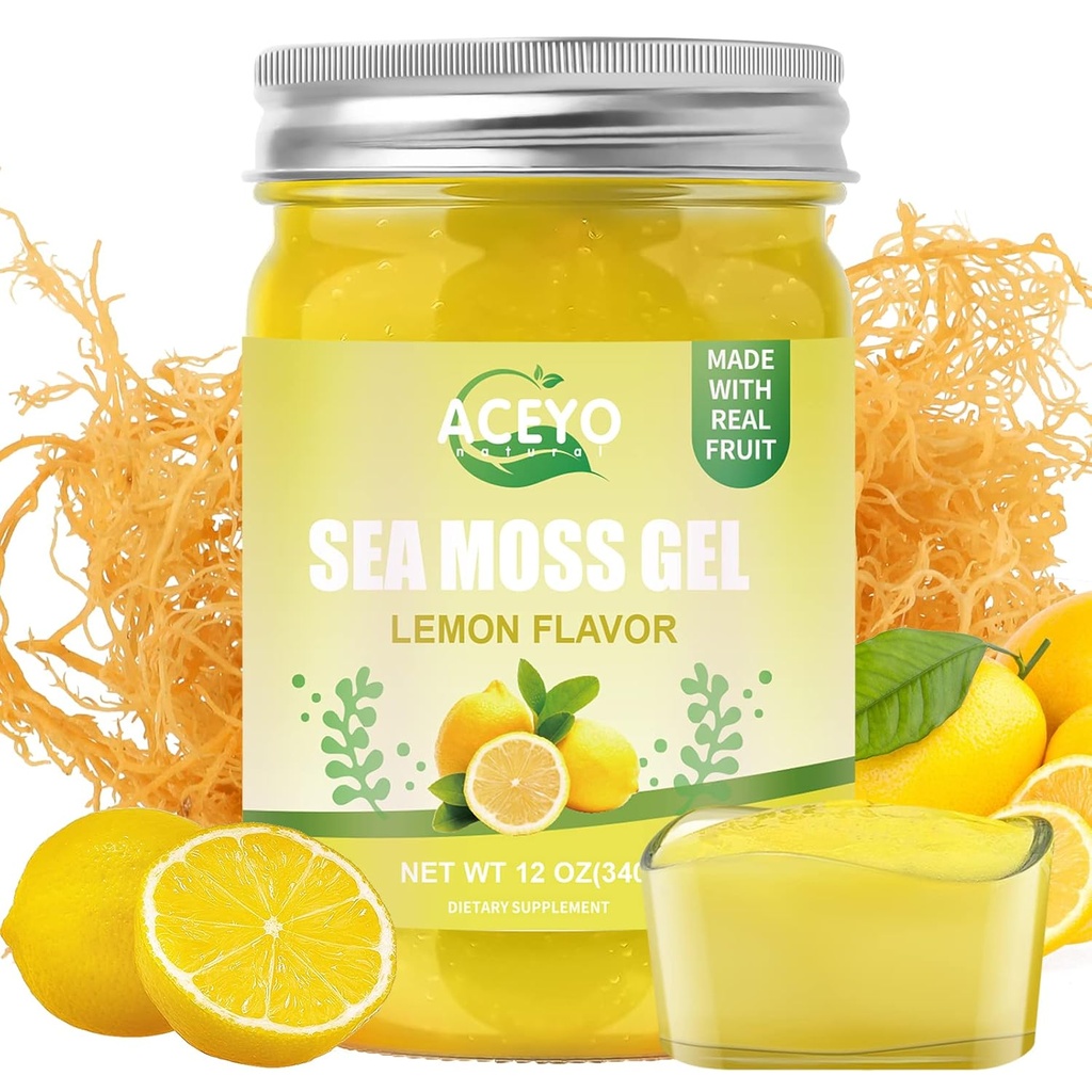 ACEYO (12 OZ) Irish Sea Moss Gel Organic Raw Vegan Lemon Flavor 102 Vitamins and Minerals Wild Harvested Non-GMO Immune Defense Booster Thyroid Digestive Support