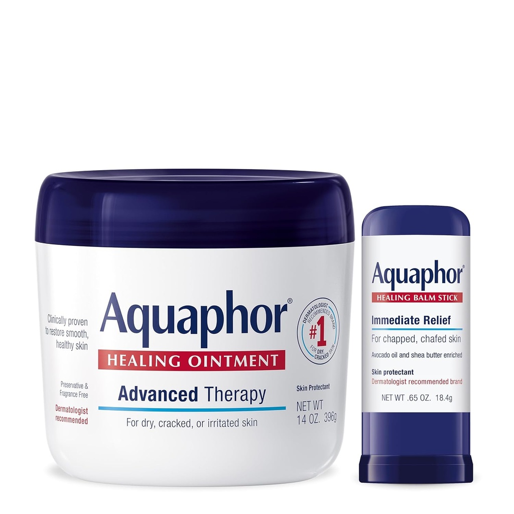 Aquaphor Advanced Therapy Healing Ointment Skin Protectant (14 Oz) + Healing Balm Stick with Avocado Oil and Shea Butter (0.65 Oz)