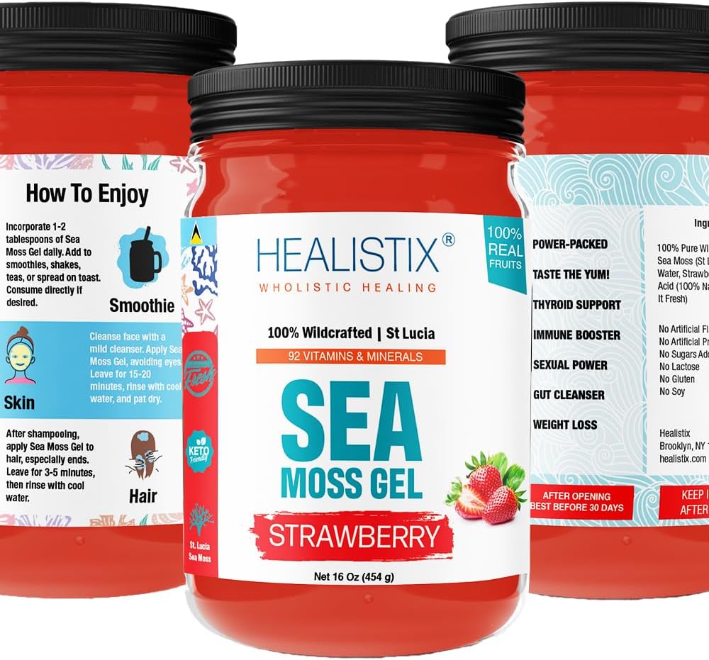 Healistix Strawberry Irish Sea Moss Gel (20 Flavors) - Wildcrafted Seamoss Gel, Packed with 92 Vitamins - Superfood for Immune Support, Non-GMO, Keto, Vegan