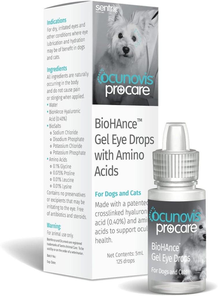 Sentrx - Ocunovis ProCare Gel Eye Drops for Dogs and Cats, Hydrating Cat and Dog Eye Drops with Hyaluronic Acid, Lysine, and Amino Acids, Preservative-Free and Antibiotic-Free, 5 ml