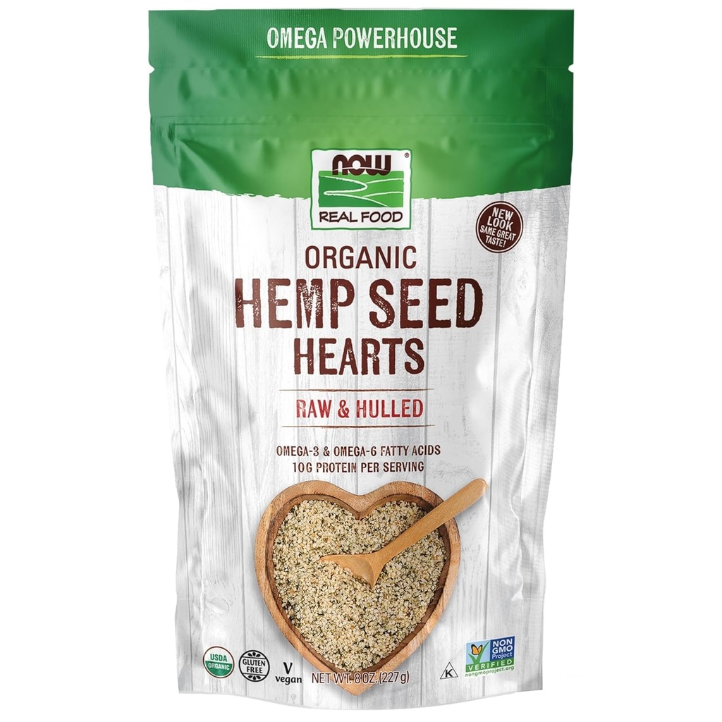 NOW Foods, Organic Hemp Seed Hearts, High in Protein and Iron, with Omega-3 and Omega-6 Fatty Acids, Raw and Hulled, 8-Ounce (Packaging May Vary)