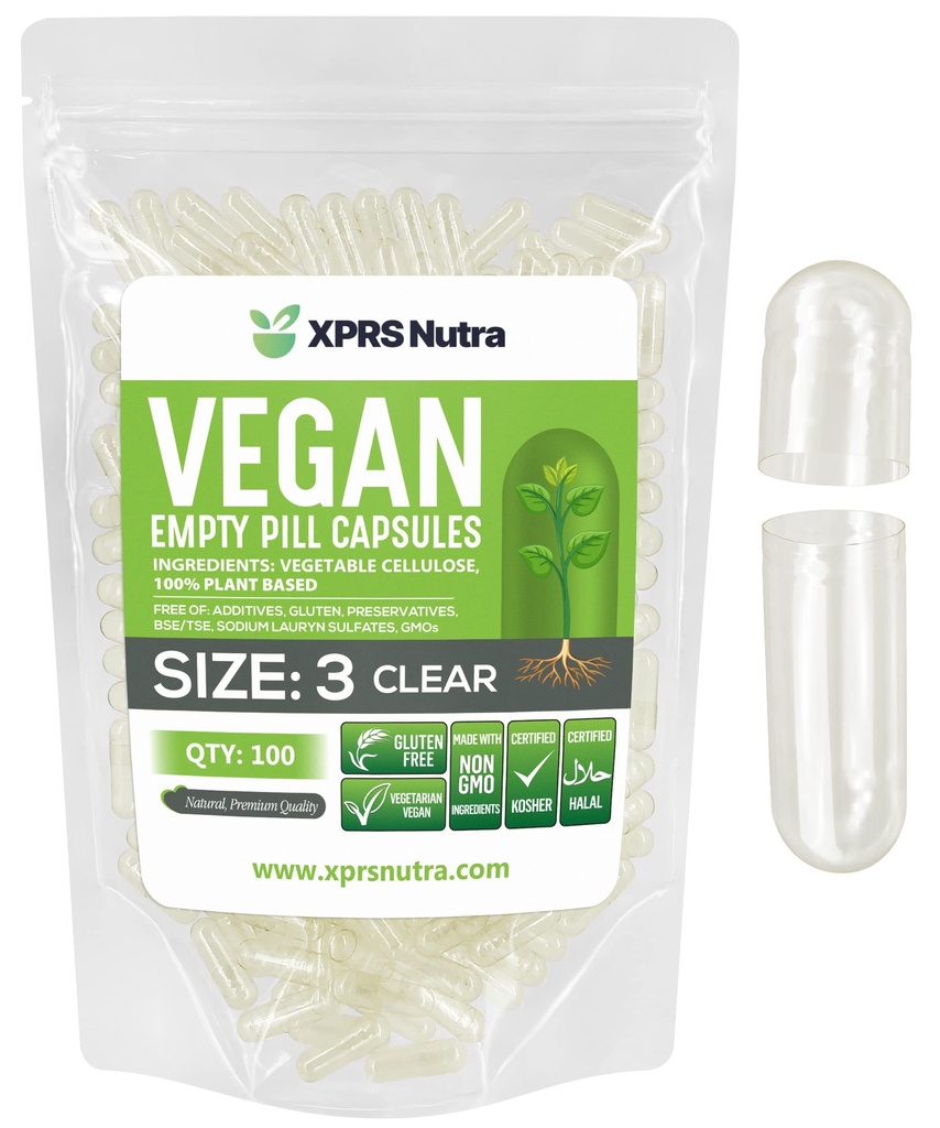XPRS Nutra Size 3 Empty Capsules - 100 Count Clear Empty Vegan Capsules - Vegetarian Pills - DIY Vegetable Capsule Filling - Veggie Pill Caps