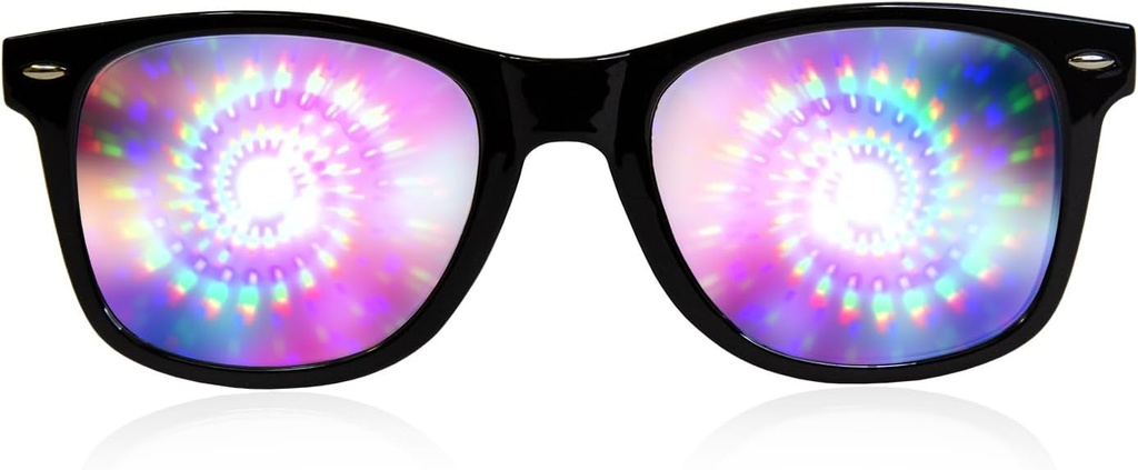 GloFX Black Frame Spiral Diffraction Glasses – Laser Etched for Hypnotic Spiral Light Effects, Flexible & Durable for Raves & Festivals