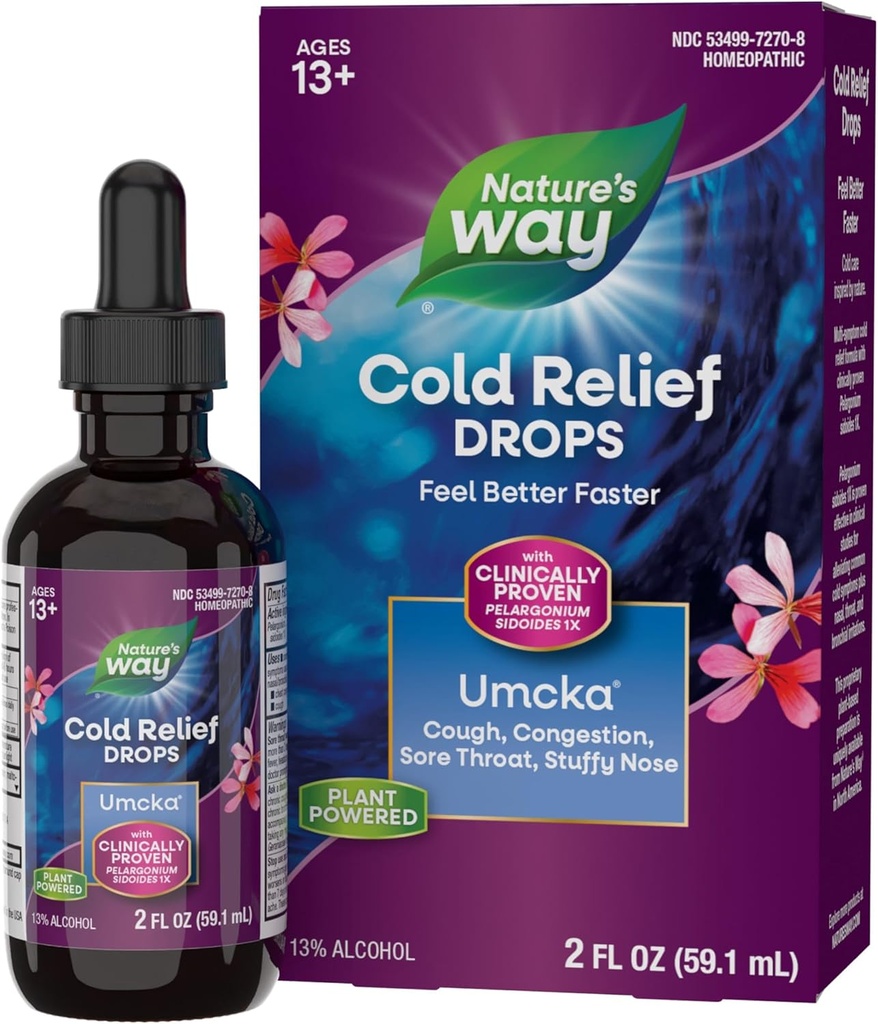 Nature's Way Umcka ColdCare Homeopathic, Shortens Colds, Sore Throat, Cough, and Congestion, Phenylephrine Free, Non-Drowsy, 2 Fl. Oz. Drops