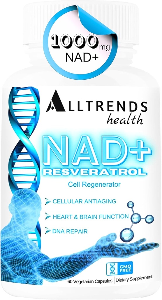 ALLTRENDS Health NAD Supplement 1000mg |Resveratrol 500mg |TMG Trimethylglycine 500mg |Vitamins for Cell Regeneration, Heart & brain Function, DNA Repair, Longevity, Energy & Oxidative Stress | 60Caps