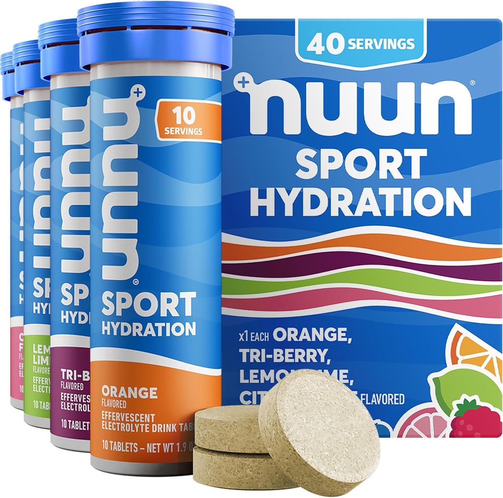 Nuun Sport Electrolyte Tablets with Magnesium, Calcium, Potassium, Chloride & Sodium, Gluten Free & Vegan, Mixed Flavors, 4 Pack (40 Servings Total)