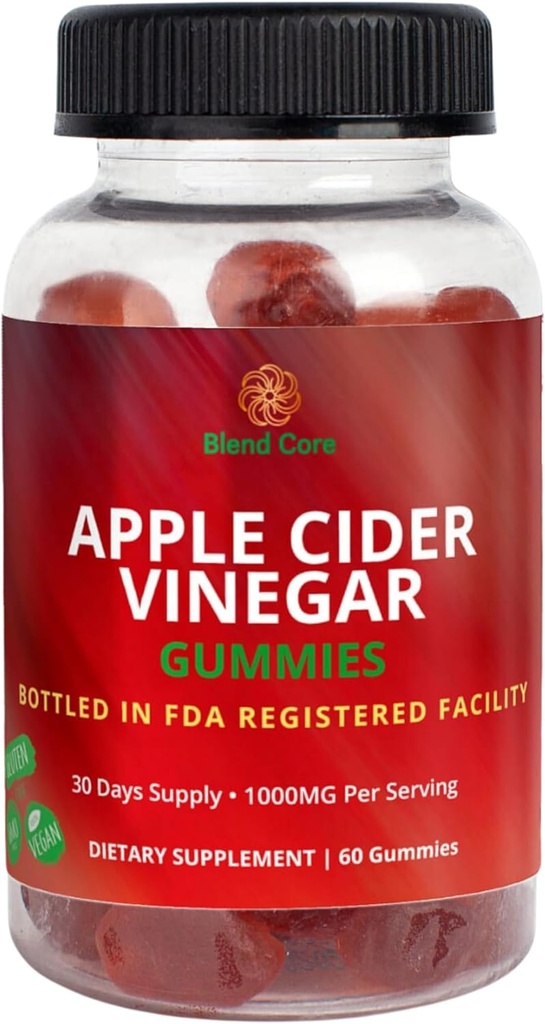 Apple Cider Vinegar Gummies with Vitamin B12 – Vegan, Gluten-Free, Non-GMO – Apple & Purple Carrot Flavored – 1000mg ACV – 60 Gummies, 30-Day Supply