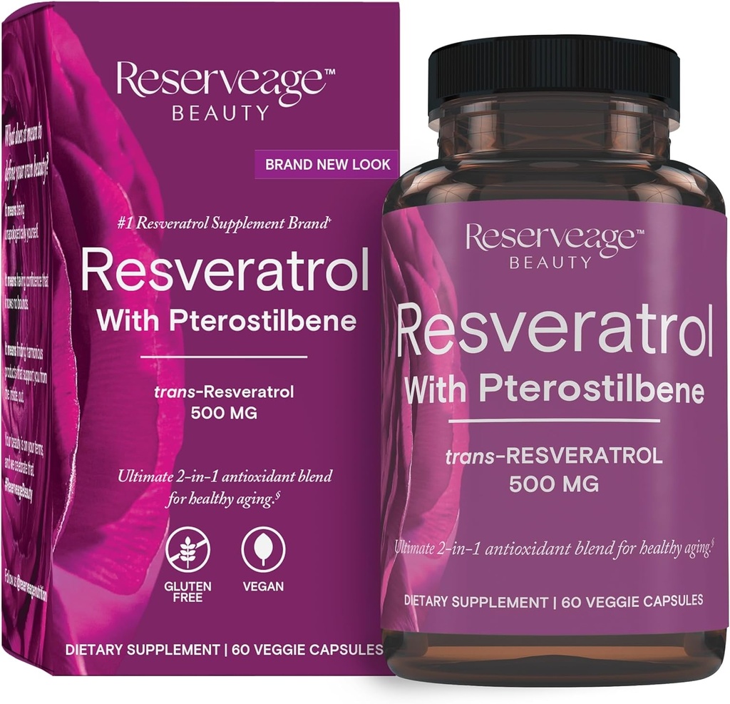 Reserveage Beauty, Resveratrol 500 mg with Pterostilbene, Antioxidant Supplement for Immune Support & Heart Health, Supports Healthy Aging, Paleo, Keto, 60 Capsules (60 Servings)