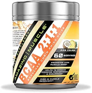 Amazing Muscle BCAA 2:1:1 Branched Chain Amino Acids Supplement | 6000 Mg Per Serving | Pina Colada Flavor | 60 Servings