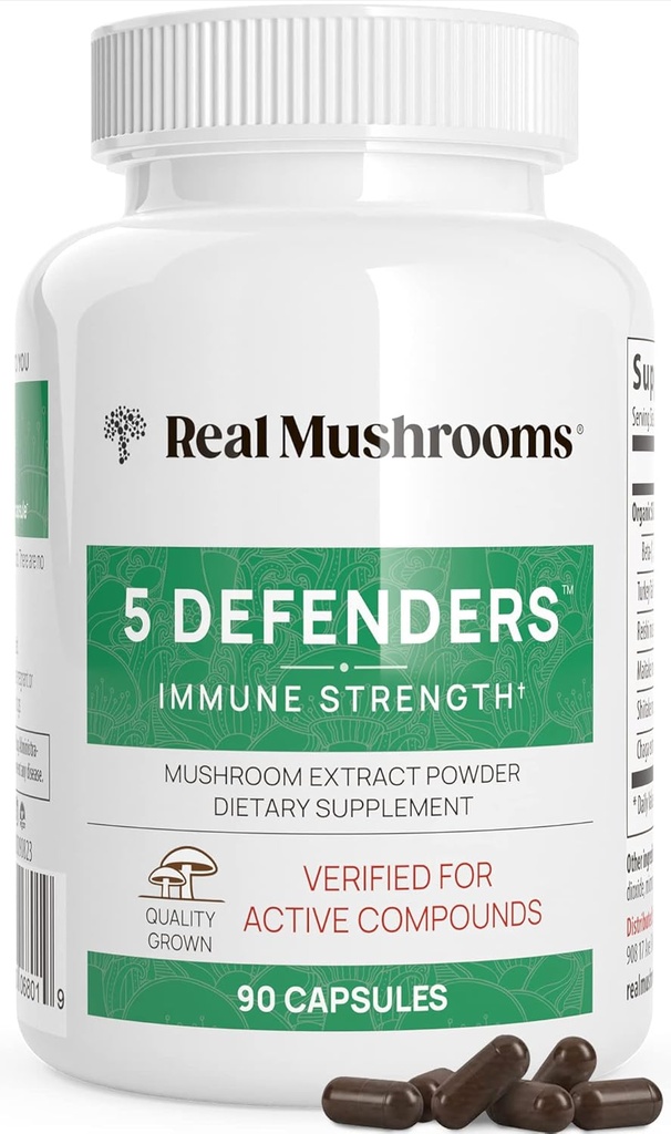 Real Mushrooms 5 Defenders - Adaptogenic Mushrooms Complex with Chaga, Reishi, Turkey Tail, Maitake & Shiitake for Wellness Support - Mushroom Beta Glucan Capsules - 90 Count