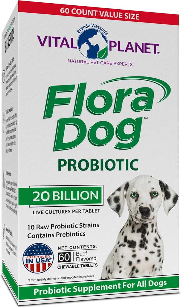 Vital Planet - Flora Dog Probiotic Chewable Tablets Supplement with 20 Billion Cultures and 10 Strains, High Potency Immune and Digestive Support Probiotics for Dogs, 60 Beef Flavored Chewable Tablets