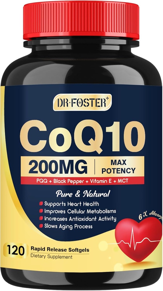 DRFOSTER Coq10 200mg, Coenzyme Q10 for Antioxidant & Energy Production, 6X Higher Absorption Cq10 with Vitamin E & PQQ & Black Pepper Extract, Co q 10 Supplement 120 Servings