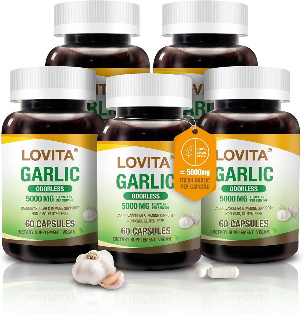 Lovita Odorless Garlic Capsules, 5000mg Fresh Garlic Equivalent, 1.25% Allicin Extract, Supports Heart, Blood Pressure, Cholesterol & Immune System, Non-GMO, Gluten-Free, 300 Vegan Capsules