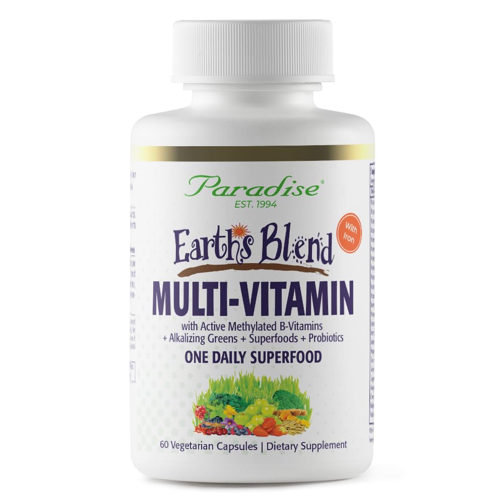 Paradise Herbs Earth's Blend Once Daily Multivitamin with Iron, 48 Organic Superfoods, Probiotics, Antioxidants, Vitamins A, B12, C, D, K2, 60 Capsules
