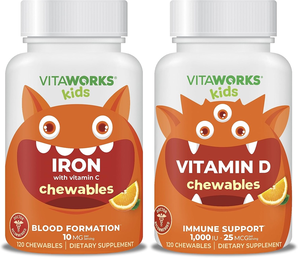 Kids Iron 10mg + Vitamin C Chewables + Vitamin D3 1000 IU Chewables Bundle