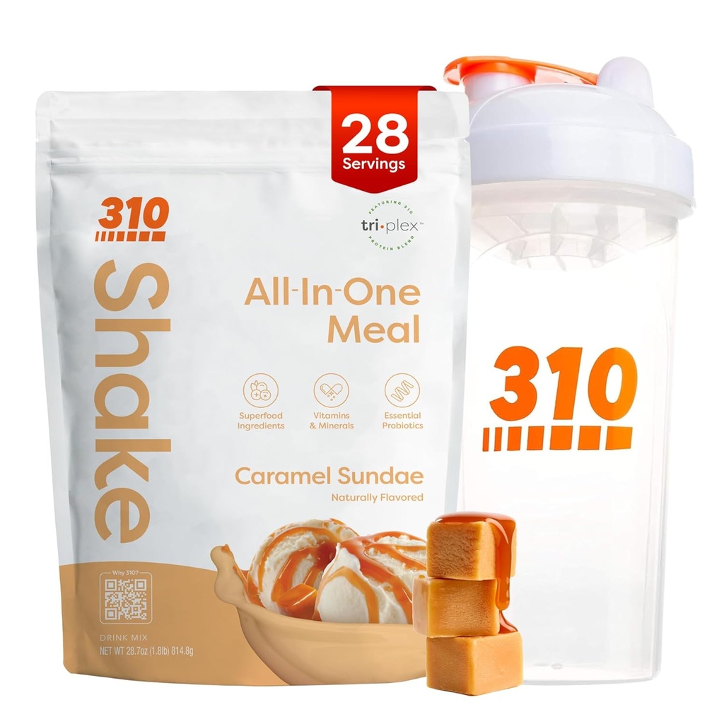 310 Nutrition All-in-One Meal Replacement Shake Powder w/Shaker Cup Starter Kit - High Protein Fiber Rich Vegan Superfood Blend - Sugar-Free, Keto & Paleo Friendly, Low Carb - Caramel Sundae 28 srv
