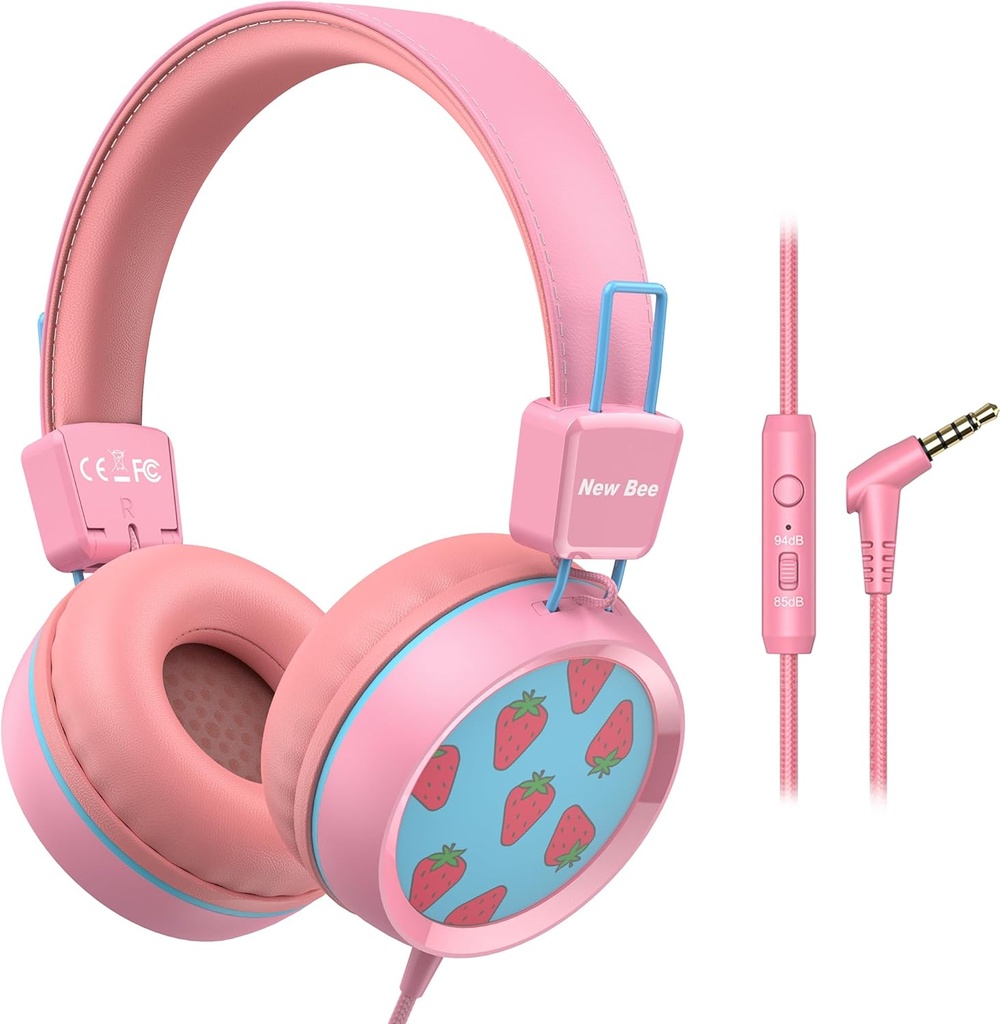 New Bee Kids Headphones Wired for School with Microphone KH20 HD Stereo Safe Volume Limited 85dB/94dB Foldable Lightweight for Girl/Mac/Android/Kindle/Tablet/Pad (Pink)