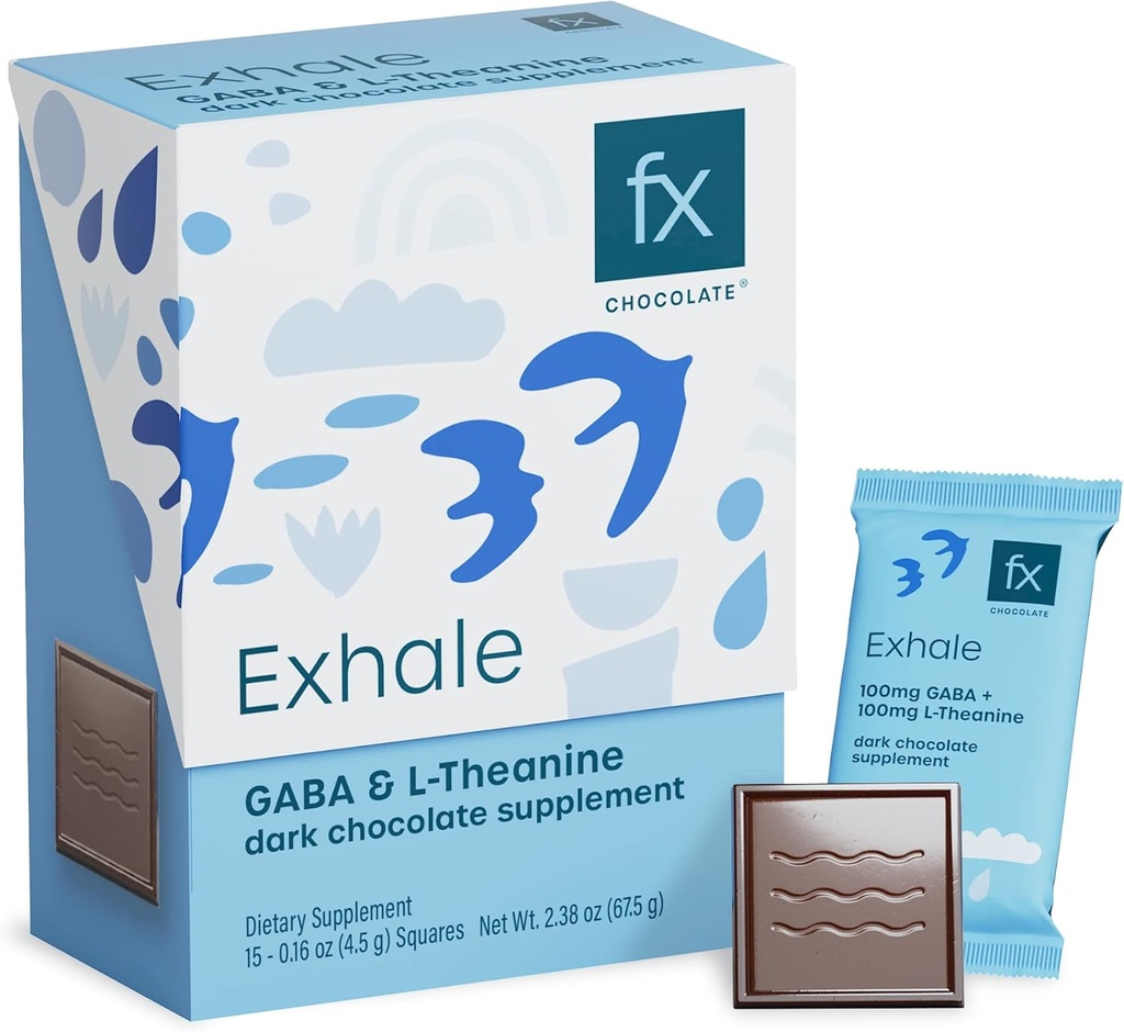 Fx Chocolate Exhale - Relaxing Chocolate Supplement to Support Calm + Stress Response - Sugar Free Cacao with 100mg GABA + 100mg L-Theanine - Keto Dark Chocolate - Vegan + Non-GMO (Box of 15)