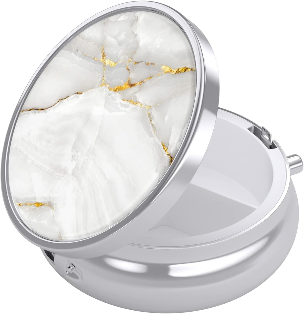 Nipichsha Pill Box, Small Pill Case for Purse & Pocket, Cute Travel Medicine Organizer, Portable Medicine Container Holder to Hold Vitamins, Medication, Fish Oil & Supplement, White Marble