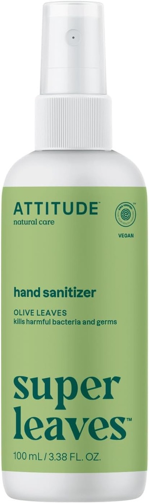 ATTITUDE Hand Sanitizer Spray, EWG Verified, Kills Germs & Bacteria, Vegan & Plant-Based, Safe for Adults & Kids, Olive Leaves Scent, 3.38 Fl Oz (Spray Bottle)