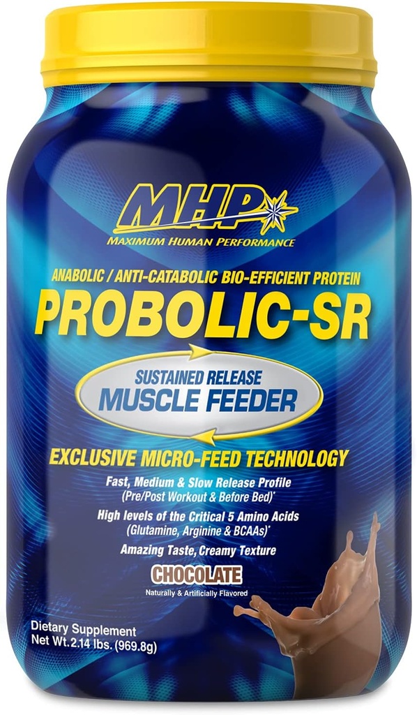 Maximum Human Performance Probolic-SR Sustained Release Protein Powder, 24g Protein, BCAAs, Glutamine, Arginine, Pre-Workout, Post-Workout, Nighttime Protein, 2lbs, 26 Servings, Chocolate